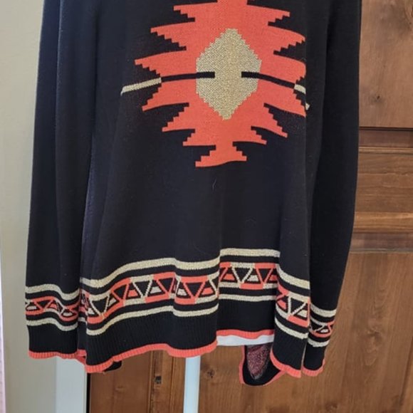 Hooked Up by IO Women'  Aztec Design Side Hi Low Open Long  Sleeve Cardigan M - Picture 11 of 12